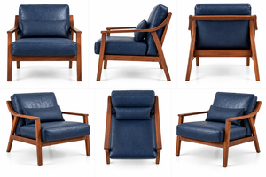 Sillón de Salón de Estilo Moderno de Mediados de Siglo con Estructura de Nogal, Tapicería de Cuero Azul Marino, Cojín de Asiento Acolchado y Diseño Minimalista Atemporal - Product Image 2