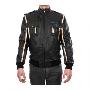 Veste en cuir imprimée à rayures dorées de haute qualité pour hommes, coupe ajustée avec fermeture à glissière, collection automne/hiver, logo avant - Product Image 1