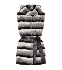 YR758 Long Style Rex Rabbit Fur Gilet with Hood