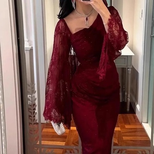 Vestidos de Fiesta Elegantes de Manga Larga con Cuello Drapeado para Mujer, de Encaje Transpirable, Antiestáticos, con Cintura Natural, para Eventos Nocturnos - Product Image 5