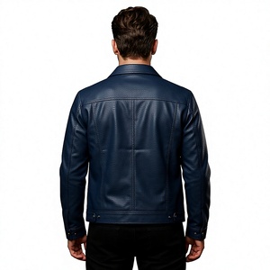 Chaqueta de Cuero Genuino Azul Oscuro para Hombre, Estilo Motero, Cuello Camisero, Cierre de Cremallera, Corte Regular, Color Sólido, para Invierno - Product Image 4