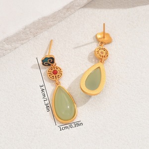Chinese Style Geometric Drop <b>Earrings</b> With Auspicious Patterns Bezel Setting Stainless Steel Ear <b>Posts</b> EH4868 - Product Image 3