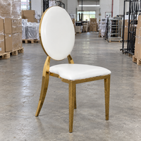 Chaise de salle à manger ovale en acier inoxydable doré avec dossier, en cuir PU blanc, pour mariage, banquet, événement, hôtel, vente en gros