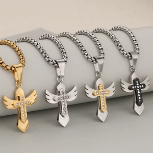 Ciondolo a Croce in Acciaio Inossidabile <span class=keywords><strong>con</strong></span> Ali d'Angelo e Strass, Stile Coreano Hip Hop, Incisionabile, Trendy, Audace, Lucido, Anti-ossidazione, Unico - Product Image 1