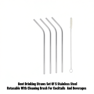 Bent Drinking <b>Straws</b> Set Of 5 Stainless Steel <b>Reusable</b> With Cleaning Brush For Cocktails And Beverages - Product Image 2