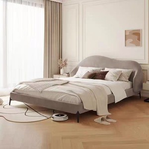 Lit plateforme moderne rembourré avec tête <span class=keywords><strong>de</strong></span> lit et dossier, cadre <span class=keywords><strong>de</strong></span> lit en bois, tissu velours gris, pieds en acier - Product Image 1
