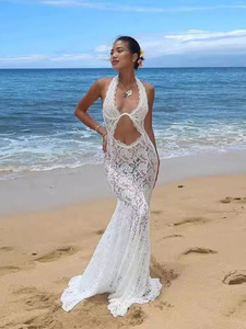 Tout nouveau produit élégant hors épaule couleur unie fête licou sans manches voir à travers évider Sexy robe femmes - Product Image 4