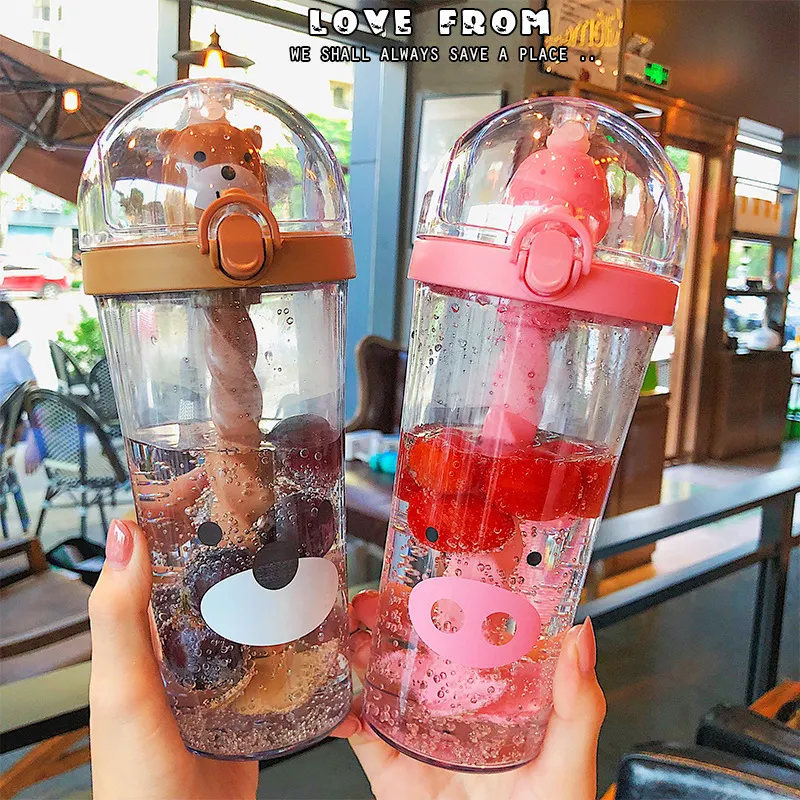 Cartoon Creative Kawaii Plastic stirring Cup Large Capacity Portable Juice Cute Water Bottle With Straw