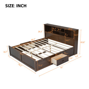 Cama de almacenamiento de madera oscura con estante en la cabecera y cajones debajo de la cama para uso en el dormitorio - Product Image 3
