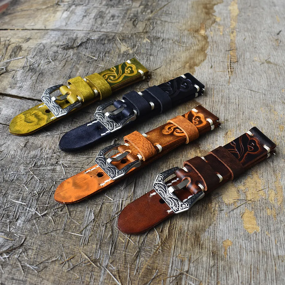 Tali jam tangan kulit asli buatan tangan fashion mewah Vintage tali jam tangan kulit desainer kustom dengan gesper baja ukir