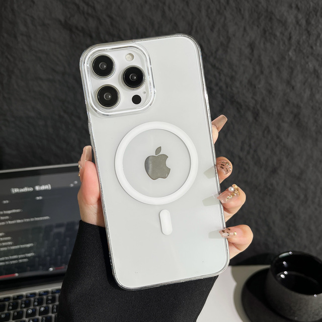 2026 New Arrival Magnetic Wireless Shockproof Transparent PC Mobile Phone Cases Pure Color Design Phone Socket Holder for 13 14