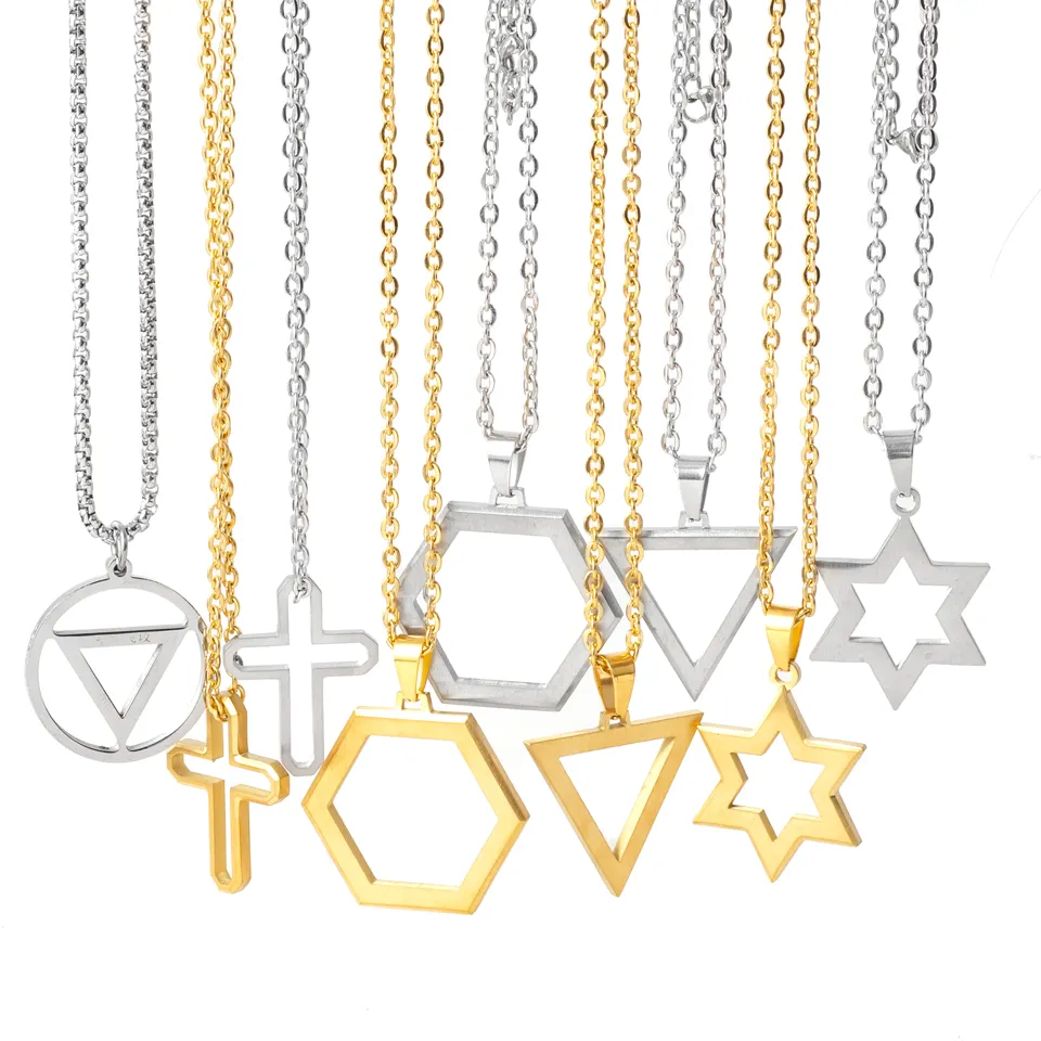 Collier simple en acier inoxydable or argent couleur creux hexagone étoile triangle croix pendentif pour hommes
