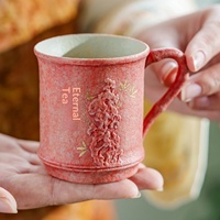 Tasse en céramique de style chinois avec poignée en bambou, motif pierre de Taihu, contour or rose, rouge silex, pour thé et café, cadeau