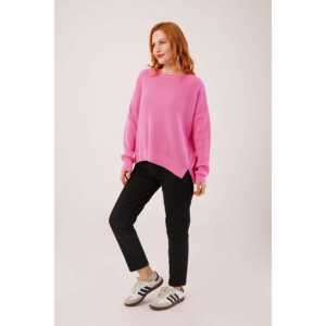 Suéter de Punto Casual Rosa para Mujer, Decoración a Rayas, Cierre de Botón, Logotipo Frontal, Invierno, Venta al por Mayor, Tejido Acanalado, Abertura Lateral Corta - Product Image 2