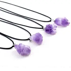 Wachs schnur und Legierung kette Halbe del steine Amethyst Anhänger Kristalle Heilung grobe Steine Halsketten natürlich