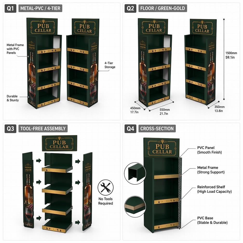 Apache Custom Wine Display Rack 48 Bottles 4-Tier Metal Liquor Merchandiser Knock Down Rotating Stand for Pub Bar Retail OEM — view 3