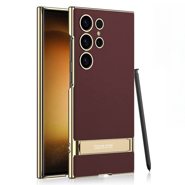 Creative Protective Cover for Samsung S24 Ultra Mobile Phone Electroplated Plain Leather Triumphal Bracket Case