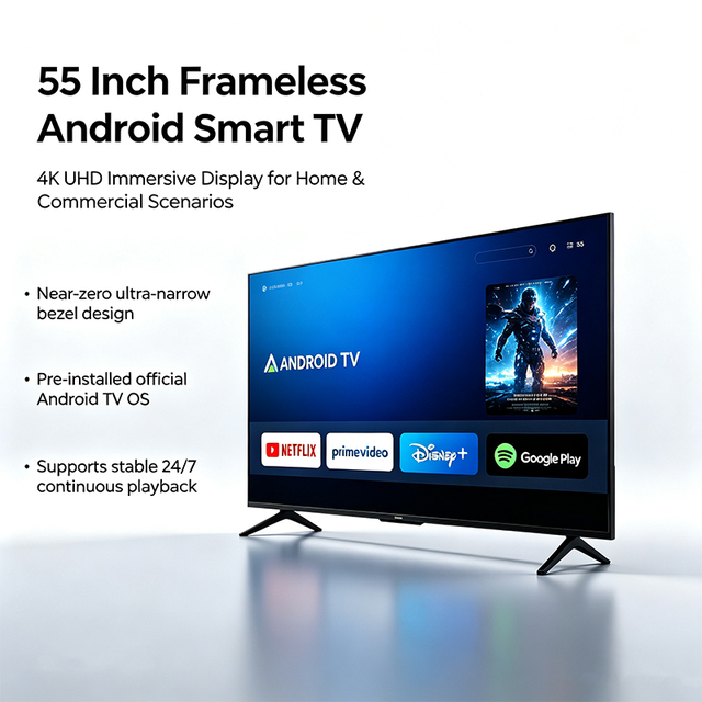 Wall Mount Brand New Original 55 Inch Frameless 4K UHD Smart LED Android TV Television Set Flat Panel Screen System Black