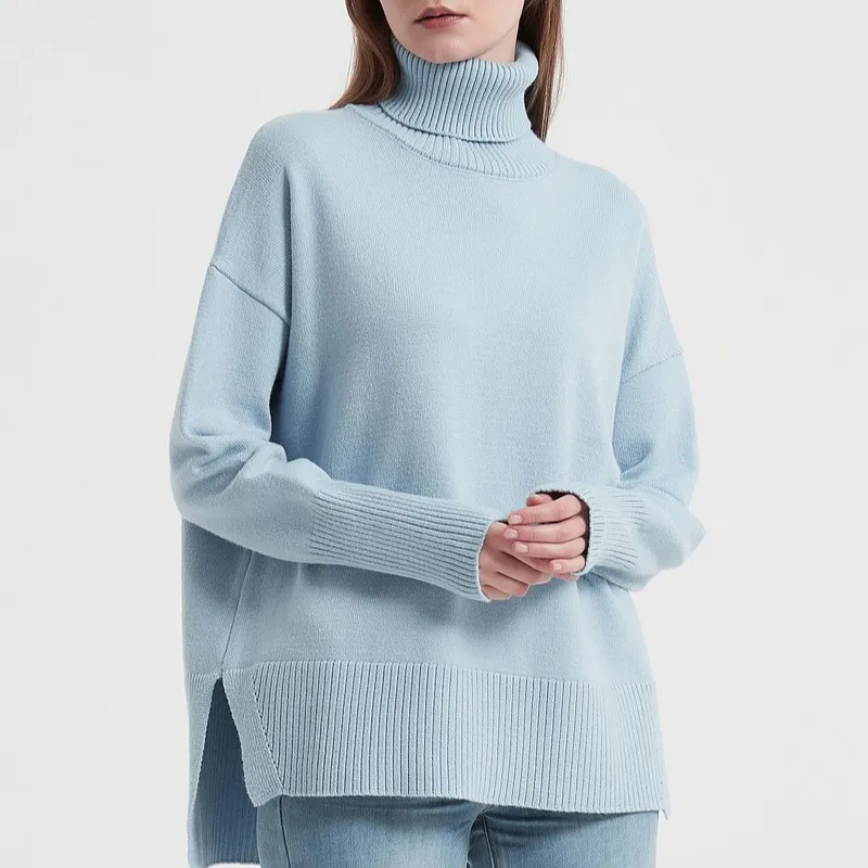 2022 Winter Custom Logo Fashion 100% Cotton High Quality Long Sleeve Loose Knit Turtleneck Pullover Women Sweater
