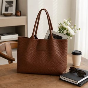 Custom Logo Brown Woven PU Tote Bag Large Capacity Women Fashion Shoulder Handbag Reusable <b>Shopper</b> OEM ODM Manufacturer - Product Image 5