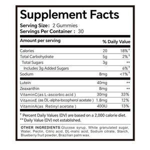 مكملات غذائية للعين تحت علامة تجارية خاصة، حلوى اللوتين مع فيتامينات ومعادن تحتوي على 20 ملغ من اللوتين و4 ملغ من الزياكسانثين - Product Image 2
