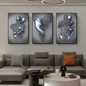 Patung logam lukisan kanvas seni abstrak romantis 3D poster dan cetakan gambar seni dinding dekorasi rumah ruang tamu Modern