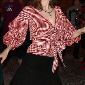 Camicetta Elegante da Donna AL con Scollo a V, Maniche a Sbuffo, Grande Fiocco e Lacci, Motivo a Quadri - Product Image 1