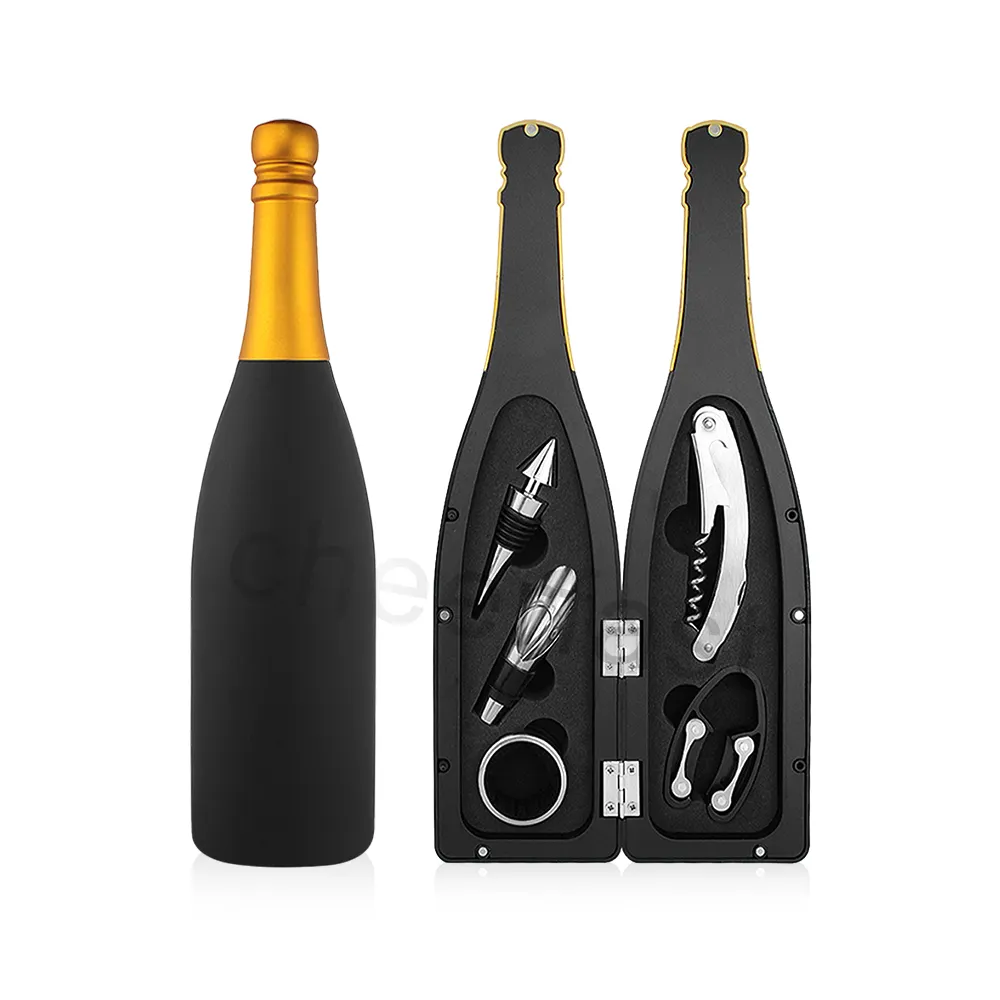 Kit de sommelier personalizado, novo modelo, conjunto de ferramentas para vinho em forma de garrafa champanhe, conjunto de 5 peças, saca-rolhas, acessórios para vinho, conjunto de presente