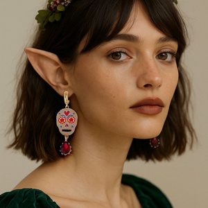 Pendientes de Botón con Circonitas Microincrustadas en Forma de Gota de Agua, Color Metalizado con Calavera de Halloween, Accesorio Festivo para Mujer, Regalo - Product Image 1