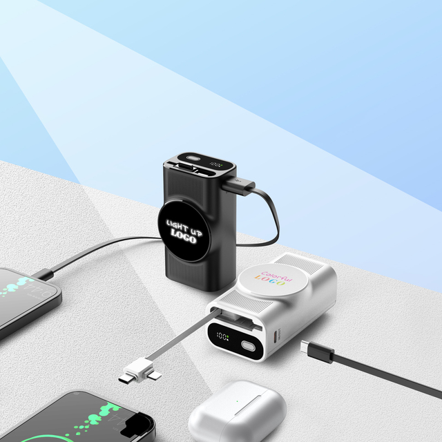 Portable Custom Light up Logo Power Bank with Cable Retractable Fast Charging Power Banks Hot Wholesales Gift Small Power Bank