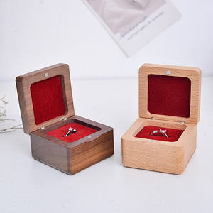 Walnut And Beech Wood <b>Ring</b> <b>Box</b> Square Jewelry Storage <b>Box</b> For Engagement Wedding <b>Rings</b> Red Velvet Lining - Product Image 1