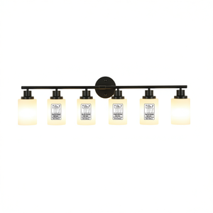 Applique murale moderne à 6 lumières pour salle de bain, en verre dépoli blanc, avec cadre en fer noir, LED blanc chaud, pour miroir - Product Image 1