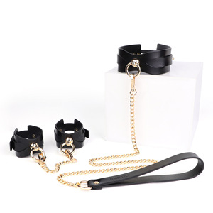 Ensemble de contraintes en cuir <span class=keywords><strong>BDSM</strong></span> <span class=keywords><strong>vintage</strong></span>-menottes et collier en plaqué or en cuir de vachette de qualité supérieure avec laisse détachable - Product Image 5