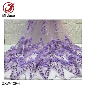 Good Looking 3D Flower Chain French Embroidery Tulle Lace Fabric with Beads