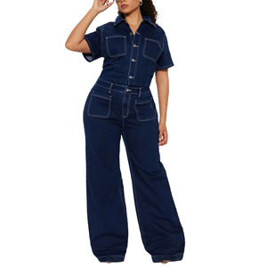 Women's Loose Casual Short-sleeved Pocket Slim-fit Denim Jumpsuit Wide-leg <b>Pants</b> Fashion - Product Image 5