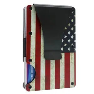 Vintage American Flag Minimalist Metal Wallet For Men Slim RFID Blocking Aluminum Front Pocket Wallet With Money Clip