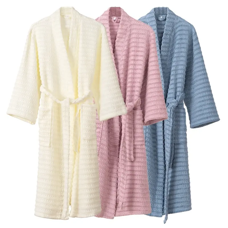 Katoenen Badjas Badjas Jacquard Pluche Streep Effen Kleur Spa Kimono Badjas Winter Warme Badjas