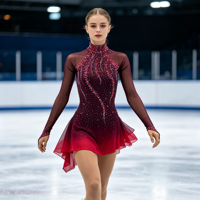 Robe de patinage artistique dégradé rouge bordeaux à manches longues en maille avec strass pour enfants et adultes, idéale pour les compétitions et spectacles sur glace