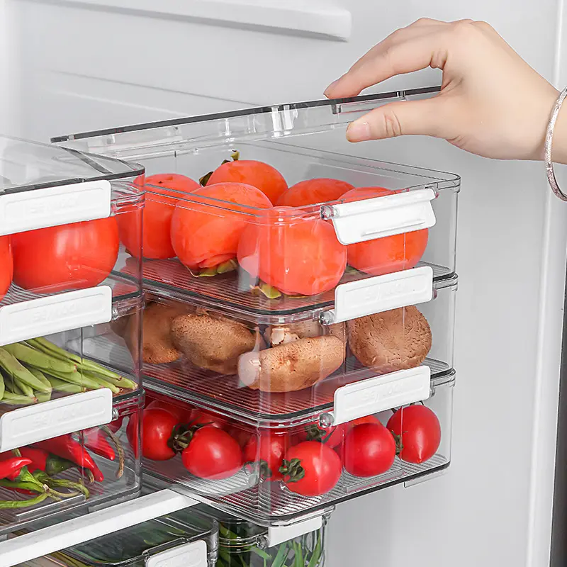 Refrigerator Fresh Food Storage Stackable Box Plastic PET Clear Transparent Kitchen Fridge Organizer With LId and Clip