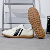 Sepatu Sneakers Kulit Asli Pria Retro Low Top, Sepatu Kasual Garis Samping Hitam, Sol Karet Gum Dot Tread, Alas Kaki Jalan Kaki Grosir