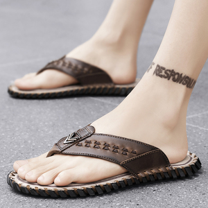 Tongs d'été pour hommes de haute qualité, en cuir véritable de luxe, à semelle plate - Product Image 4