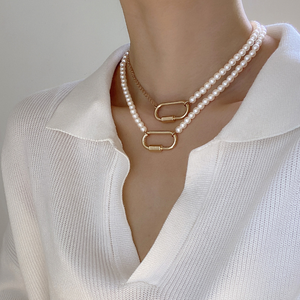 Nouveau collier de perles d'imitation double couche <span class=keywords><strong>simple</strong></span> pour <span class=keywords><strong>femme</strong></span>, collier ras du cou géométrique décontracté - Product Image 1