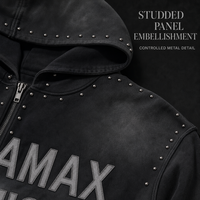 Sweat à capuche court zippé noir clouté RAMAX 380GSM, ourlet brut vieilli, style streetwear pour homme, vêtements personnalisés OEM ODM en gros