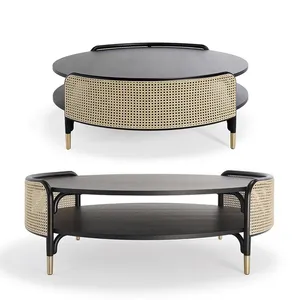 Hot Selling Customized Living Room Furniture Round Spring Wood Rattan Caning Coffee Table With Open Storage