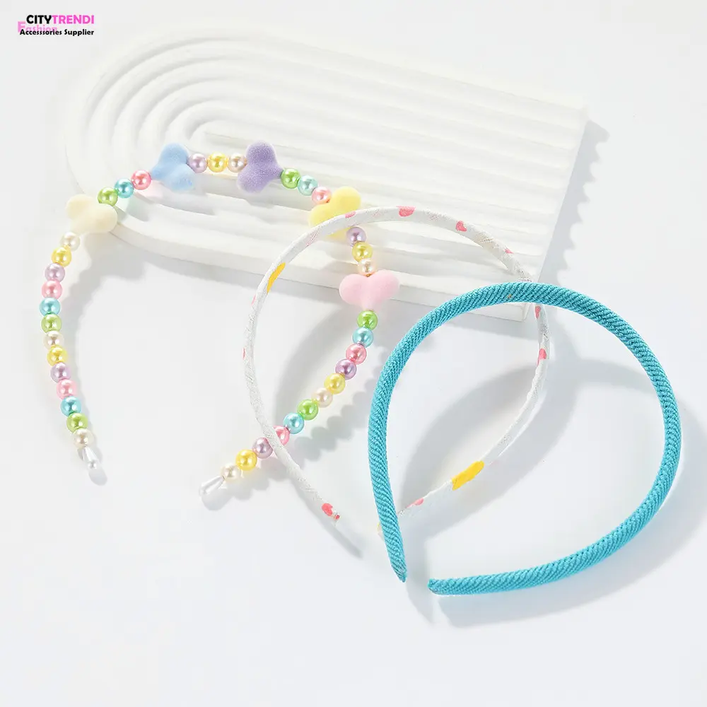 3 pcs/set Wholesale Custom Beaded Heart Fabric Cute Headbands Hairbands set for Children Girls