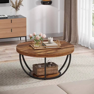 Double Tier Round Solid Wood <b>Coffee</b> <b>Table</b> with Multi-layer Storage Traditional Design Waterproof & Durable for Home/Office Use - Product Image 3