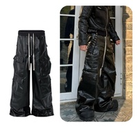 Celana Kerja Unisex Oversize Bergaya Streetwear Amerika, Lapisan Metalik Gelap, Model Wide-Leg, High Hip Hop, Bahan Akrilik PU, Banyak Kantong