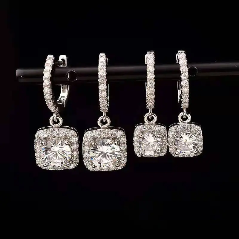 18k White Gold stud Earrings 50 points Ear Hook 1 Carat Moissan Diamond Female ear Buckle Micro-set Square Bag Earrings
