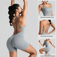 Combinaison-short de sport sans couture, extensible dans les quatre sens, avec effet ventre plat, froncée aux fesses, dos nu à bretelles, grande taille, écologique, unitard
