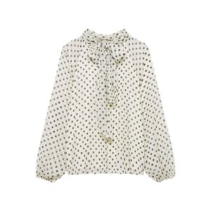 ZEVITY Camicetta da donna in chiffon a pois con fiocco alla moda, colletto alla coreana, maniche lunghe, dolce ed elegante, per le vacanze - Product Image 3